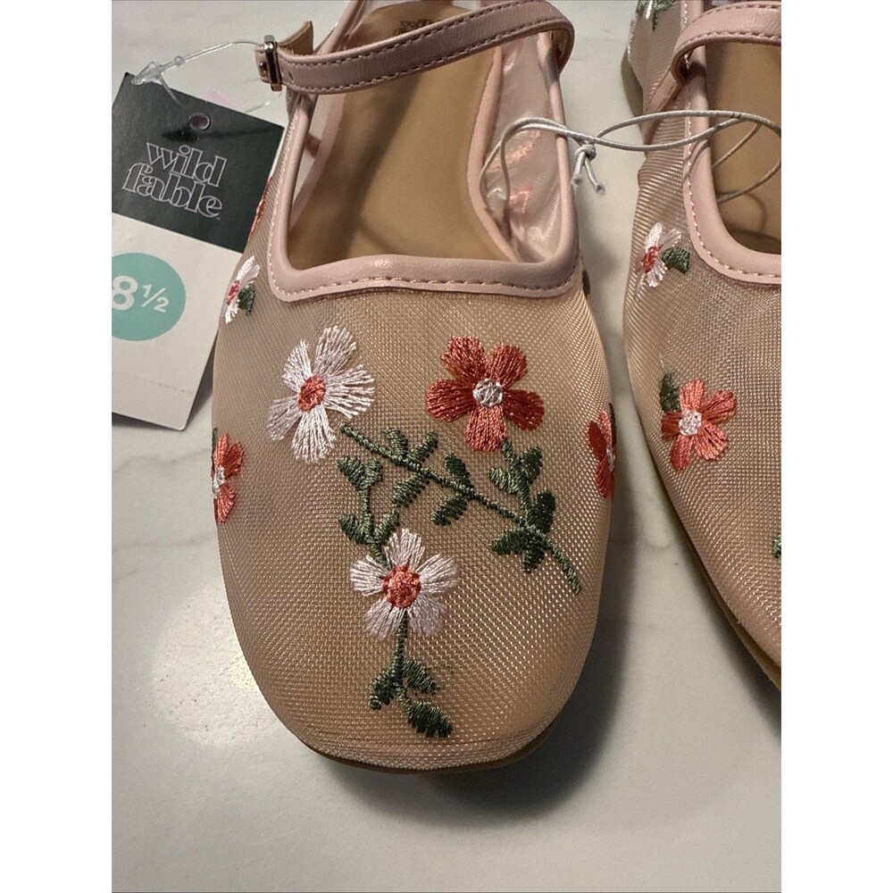 Wild Fable Women’s Pink Embroidered Floral Mesh Mary Jane Flats Buckle 8.5 - Picture 2 of 8